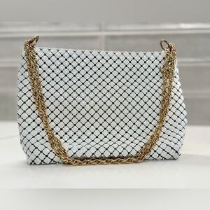 Whiting & Davis Vintage White Mesh Gold Tone Chain Strap Clutch Shoulder Bag